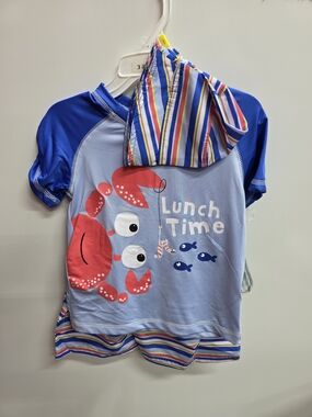Kids' 'Lunch Time' Crab Rash Guard Swim Set - Blue & Red
